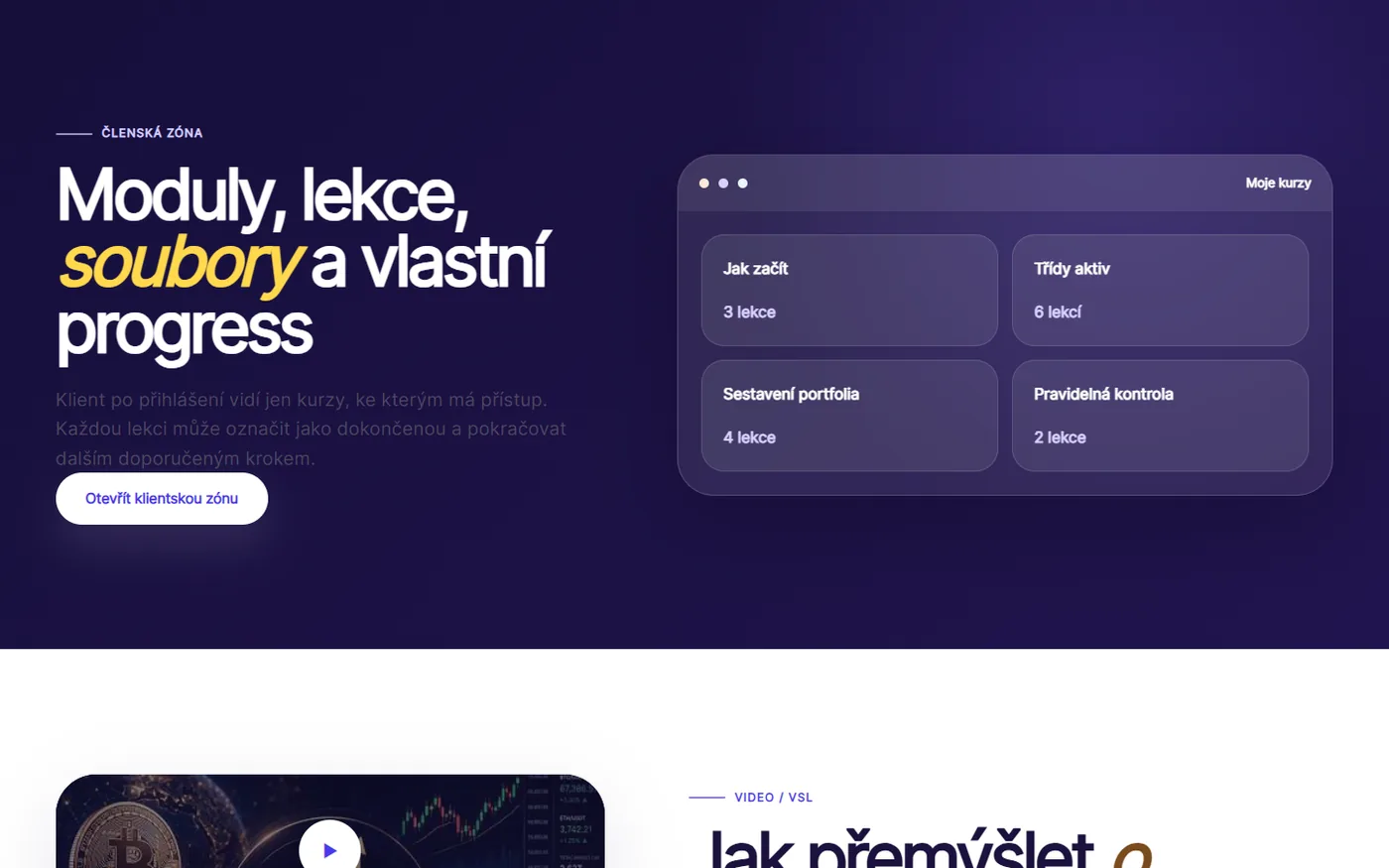 Sekce webu: Moduly, lekce, soubory a vlastní progress