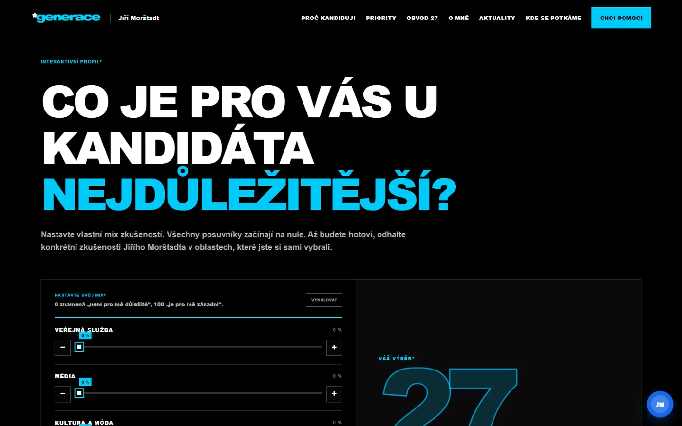 Interaktivní profil kandidáta s posuvníky